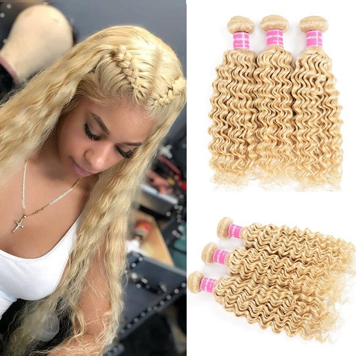 Kriyya 613 Blonde 3 Pcs Deep Wave Hair Weave Unprocessed Indian Human Hair