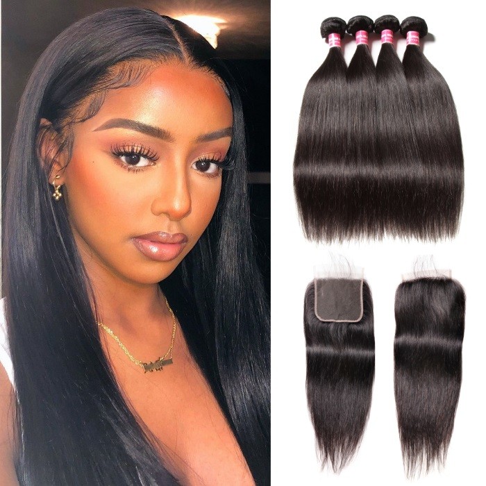 Kriyya Malaysian Straight Weave 4 Bundles Full Sew In With 5x5 Closure
