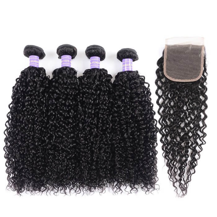 Kriyya Peruvian Curly Hair 4 Bundles With Lace Closure Sew In
