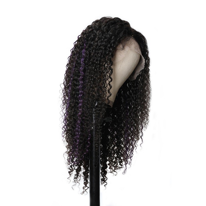 Kriyya Purple Highlight Wig 13x4 Lace Front Wig Pre Plucked Jerry Curly Human Hair Wigs 150% Density