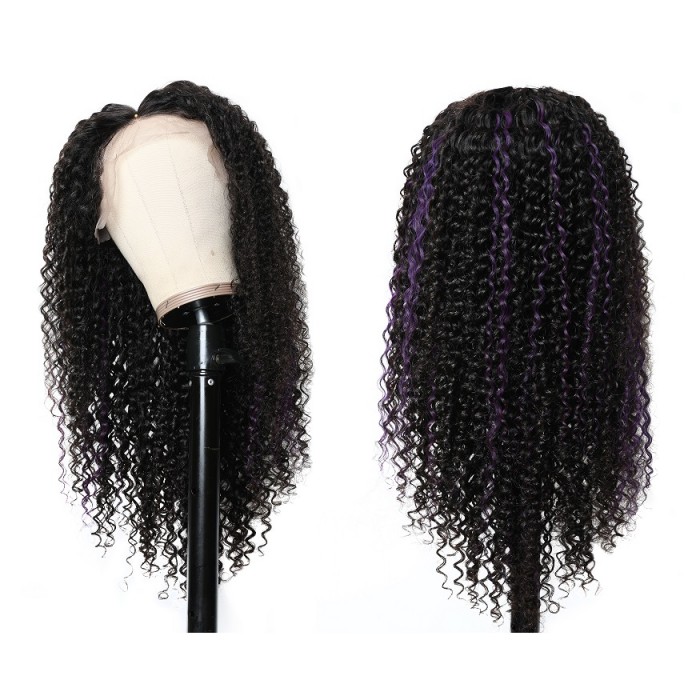 Kriyya Purple Highlight Wig 13x4 Lace Front Wig Pre Plucked Jerry Curly Human Hair Wigs 150% Density