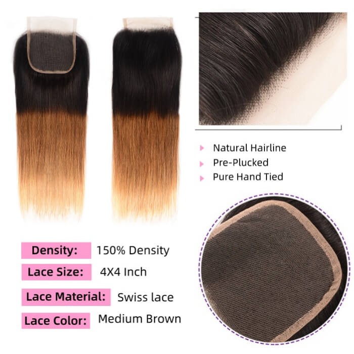 Kriyya Straight 3 Pcs Human Hair Bundles With 4x4 Lace Closure T1B/4/27 Ombre Brazilian Hair