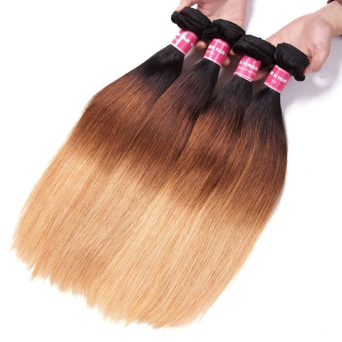 Kriyya Straight Virgin Hair T1B/4/27 Ombre 4 Bundles With 4x4 Lace Closure Peruvian Hair