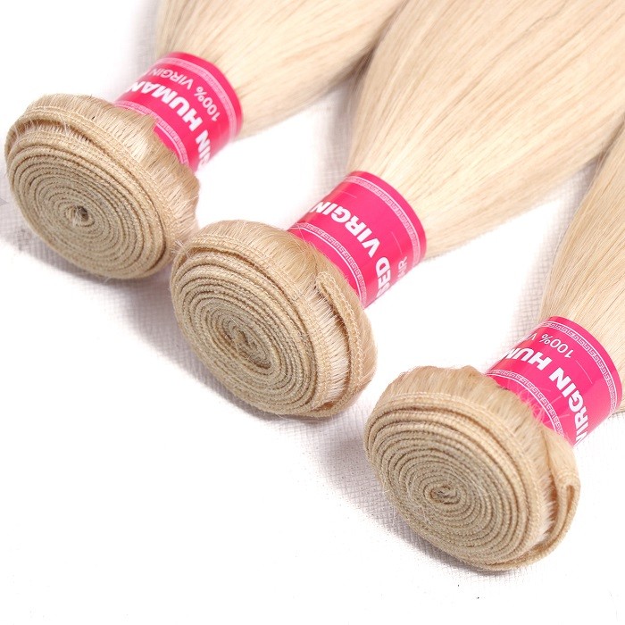 Kriyya Brazilian Hair 3 Pcs 613 Blonde Straight 100 Real Human Hair Weave With 4*4 Lace Closure