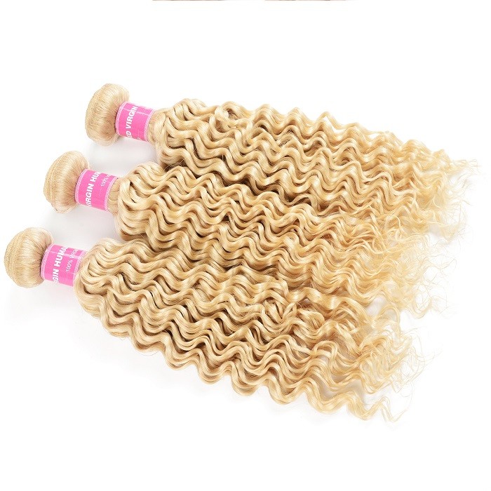 Kriyya 3 Bundles Peruvian Deep Wave Virgin Hair With 4x4 Lace Closure 613 Blonde