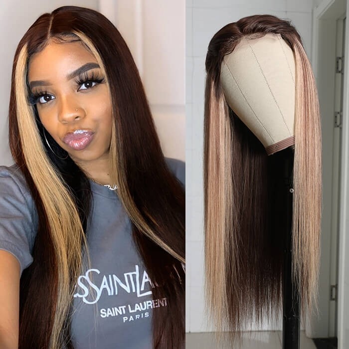 Kriyya Brown Virgin Hair with 27 Blonde Highlight Straight Lace Part Wigs 150% Density