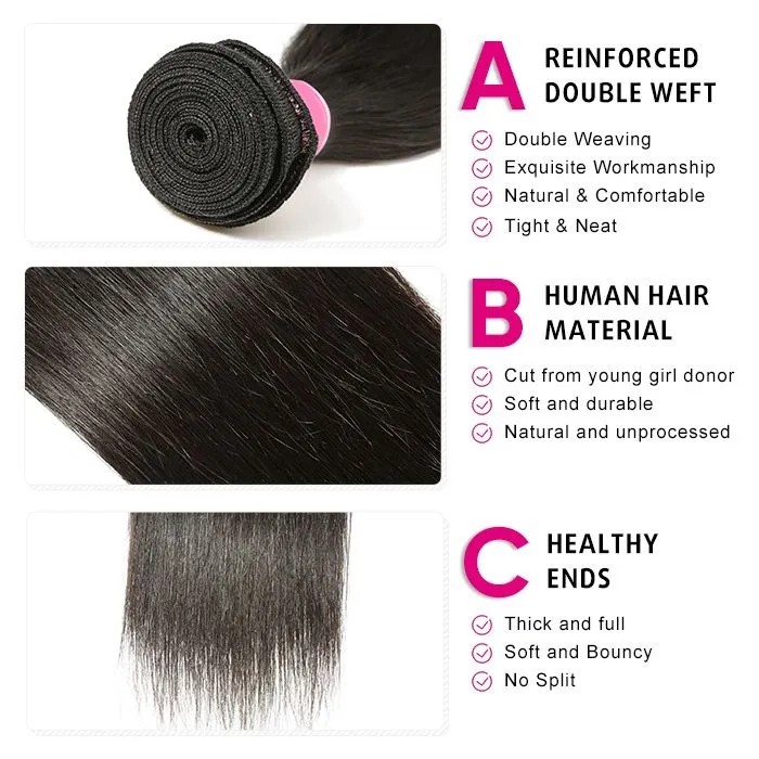 Kriyya Straight 100% Virgin Hair Malaysian 3 Bundles With 13*4 Transparent Lace Frontal