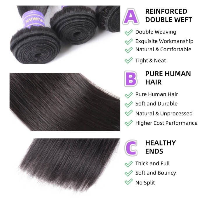 Kriyya 4 Pcs Straight Human Hair Bundles Indian Virgin Remy Hair 7A Hair