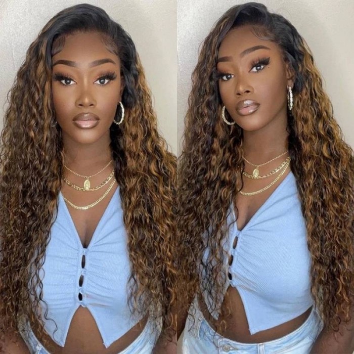 Kriyya Balayage Highlight 13x4 Lace Front Wigs With Baby Hair Water Wave Brown Highlight Colored Wigs 150% Density