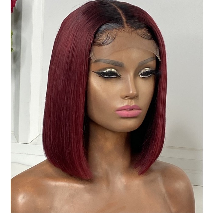 Kriyya 1B/99J Burgundy Ombre 4x4 Lace Closure Wig Straight Human Hair Bob Hair Wigs with Baby Hair 150% Density
