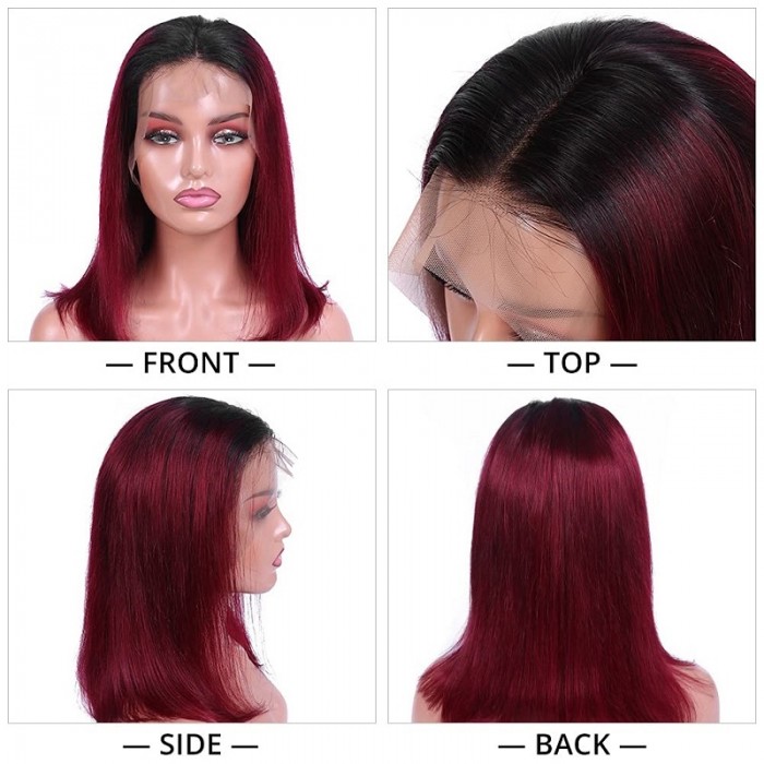 Kriyya 1B/99J Burgundy Ombre 4x4 Lace Closure Wig Straight Human Hair Bob Hair Wigs with Baby Hair 150% Density