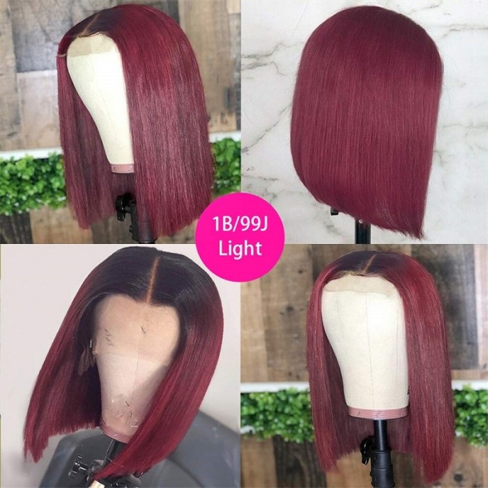 Kriyya 1B/99J Burgundy Ombre 4x4 Lace Closure Wig Straight Human Hair Bob Hair Wigs with Baby Hair 150% Density