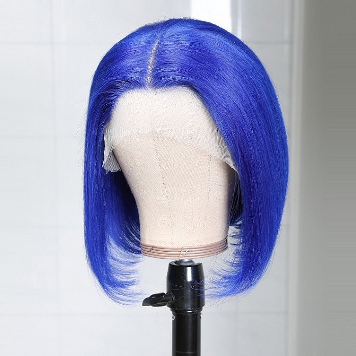 Kriyya Hair Short Blue Bob Wig Pre Plucked Human Hair 13x4 Lace Front Wig 150% Density 10-14 Inch