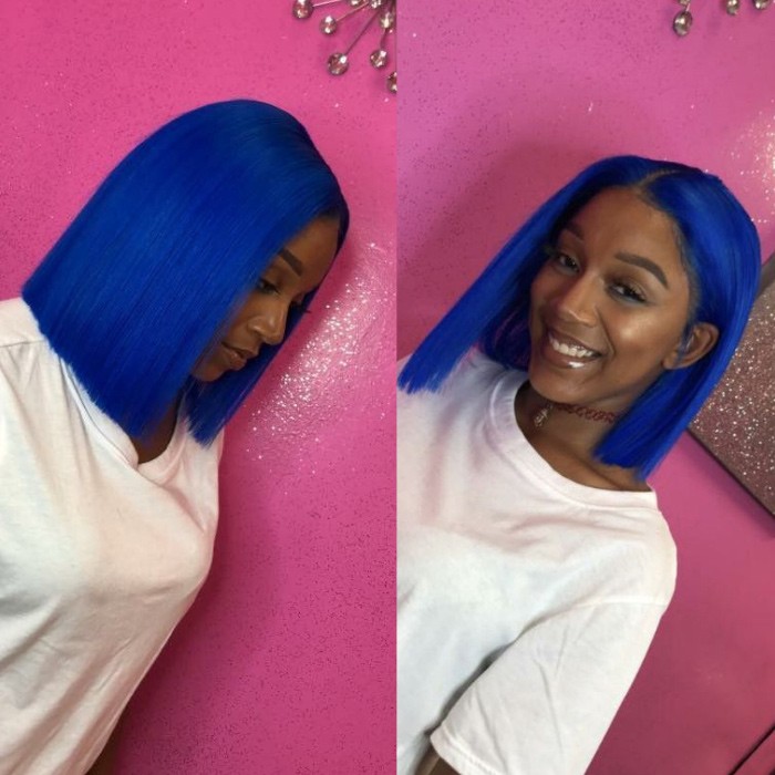 Kriyya Hair Short Blue Bob Wig Pre Plucked Human Hair 13x4 Lace Front Wig 150% Density 10-14 Inch