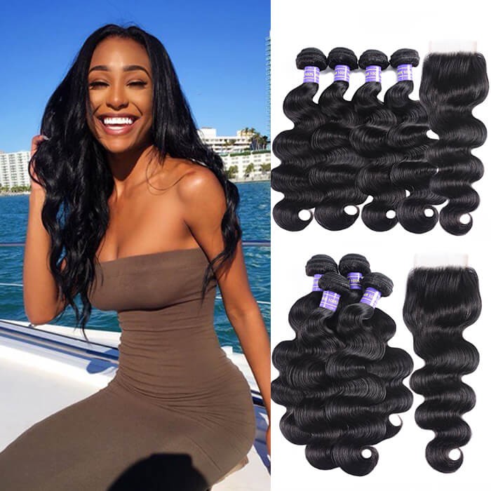 Kriyya Indian Body Wave 4 Bundles With Closure Free Part/Middle Part/Three Part