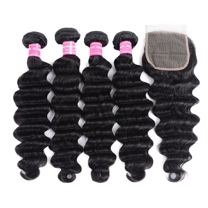 Kriyya Indian Loose Wave Sew In Hair Weave 4 Bundles With 4x4 Closure