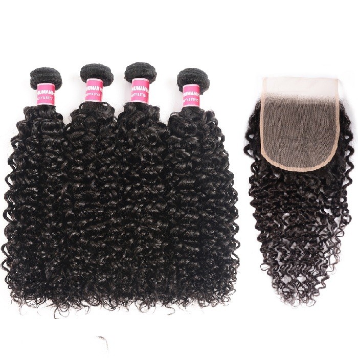 Kriyya Best Quality 5x5 Brazilian Transparent Lace Closure With 4 Bundles Jerry Curly Human Hair