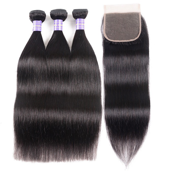 Kriyya 3 Bundles Straight With 4*4 Lace Closure Malaysian Remy Human Hair