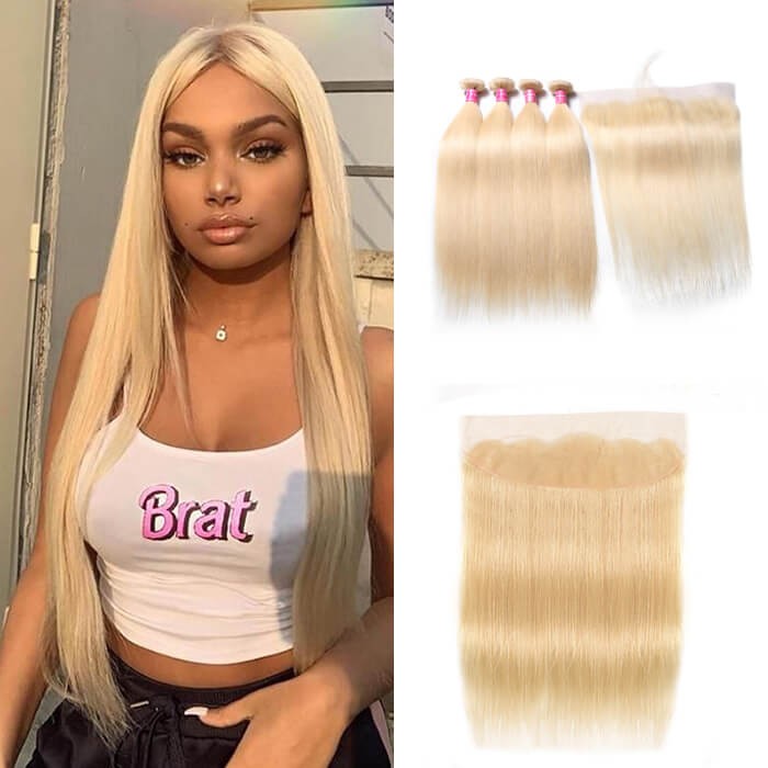 Kriyya Brazilian Bone Straight Weave Hair 4 Bundles With 13x4 Lace Frontal