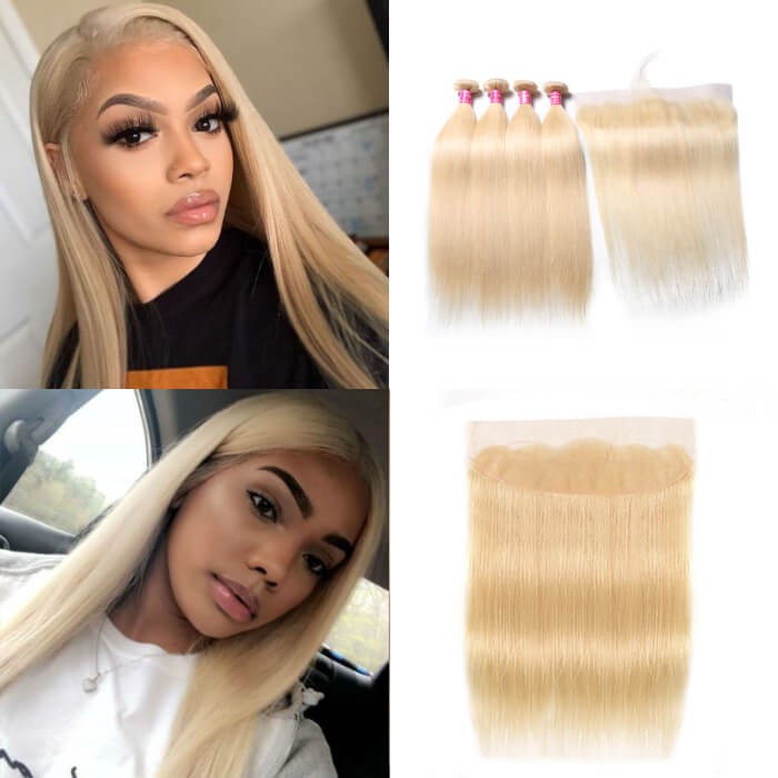 Kriyya 613 Blonde Straight 4 Bundles With 13x4 Frontal Closure Malaysian Virgin Hair