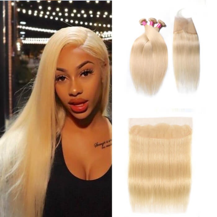 Kriyya Indian 3 Pcs 613 Blonde Straight Virgin Human Hair With 13*4 Lace Frontal