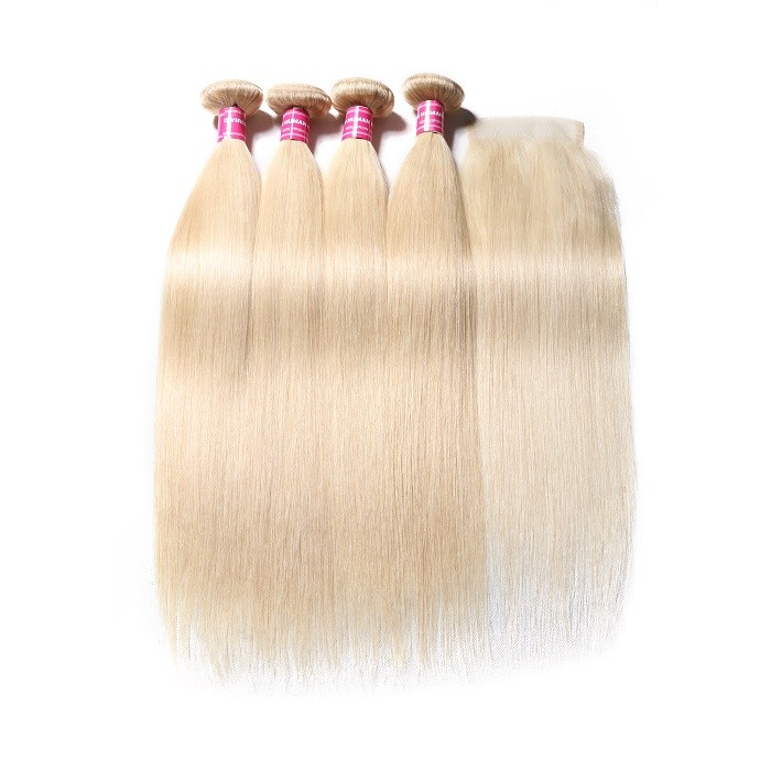 Kriyya 613 Blonde Malaysian Straight Sew In Weave 4 Bundle Deals With 4x4 Closure