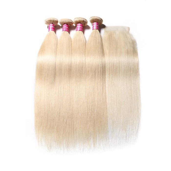 Kriyya Peruvian Hair 4 Bundles 613 Blonde Straight Weave With 4x4 Closure