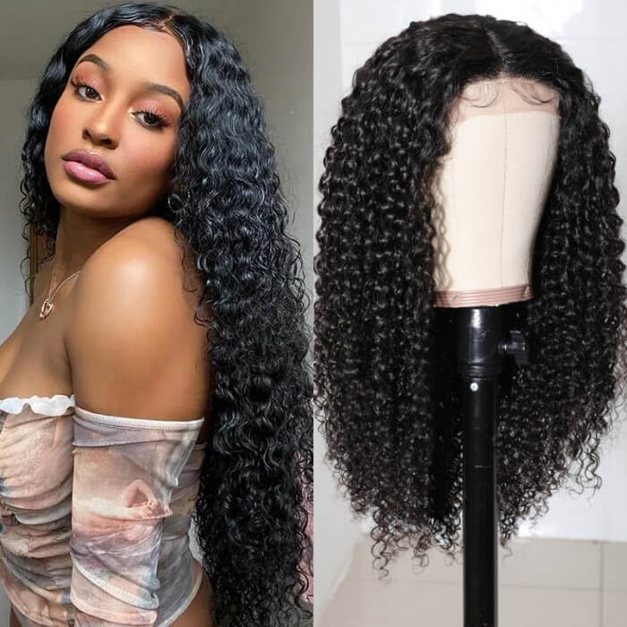 18 Inch Brazilian Human Hair Jerry Curly Lace Part Wig 150% Density Middle Part Wigs For Women