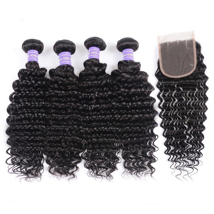 Kriyya Peruvian Deep Wave 4 Bundles With 4x4 Lace Closure