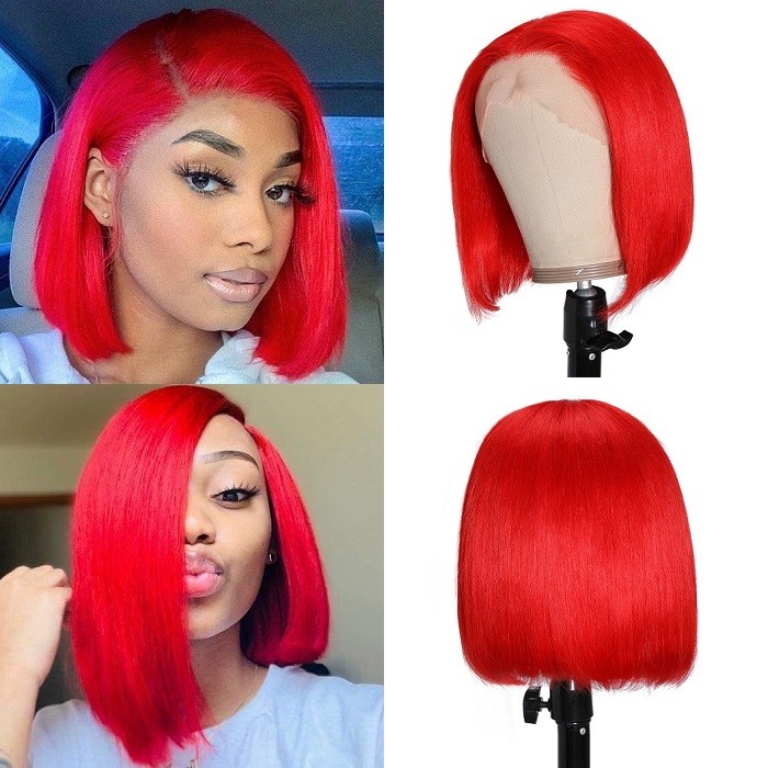 Kriyya Best Short Bob 13x4 Red Lace Front Wig Blunt Cut Human Hair Pre Plucked 150% Density 