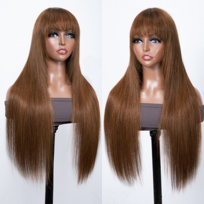 Flash Sale 90's Layered Chocolate Brown Straight Wig With Bangs Glueless Human Hair Wig 150% Density