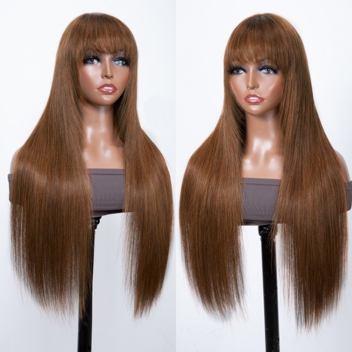 20 inch 90's Layered Chocolate Brown Straight Wig With Bangs Glueless Human Hair Wig 150% Density