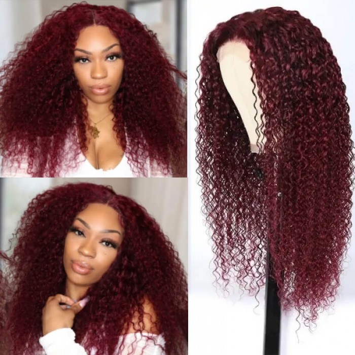 Kriyya 99J Burgundy Lace Part Wig Colored Curly Wigs 4x0.75 Human Hair Wig Pre-Plucked
