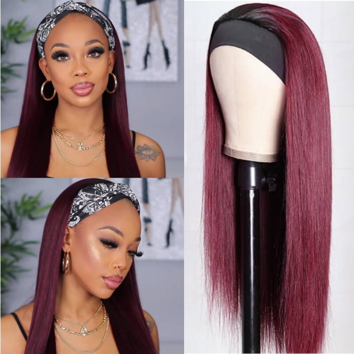 Kriyya 99J Headband Wig with Natual Black Root Straight Human Hair Wigs Sale