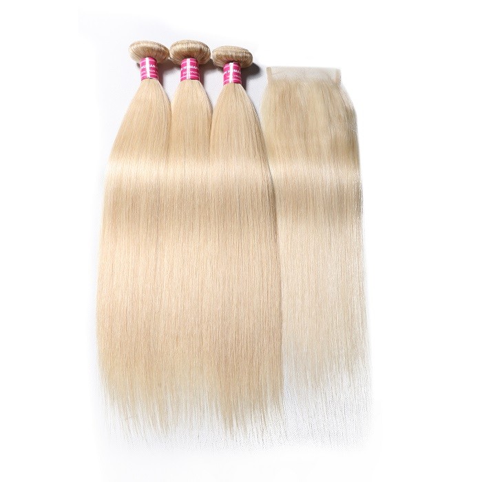 Kriyya Brazilian Hair 3 Pcs 613 Blonde Straight 100 Real Human Hair Weave With 4*4 Lace Closure