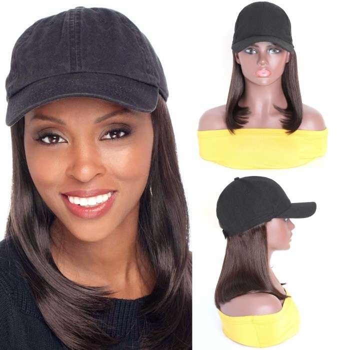 Kriyya Baseball Cap Wig With Hair Extensions Straight Wigs Light Brown 150% Density