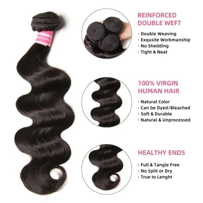 Kriyya 3 Bundles Body Wave With 5x5 HD Lace Closure Human Hair Weave Natural Color
