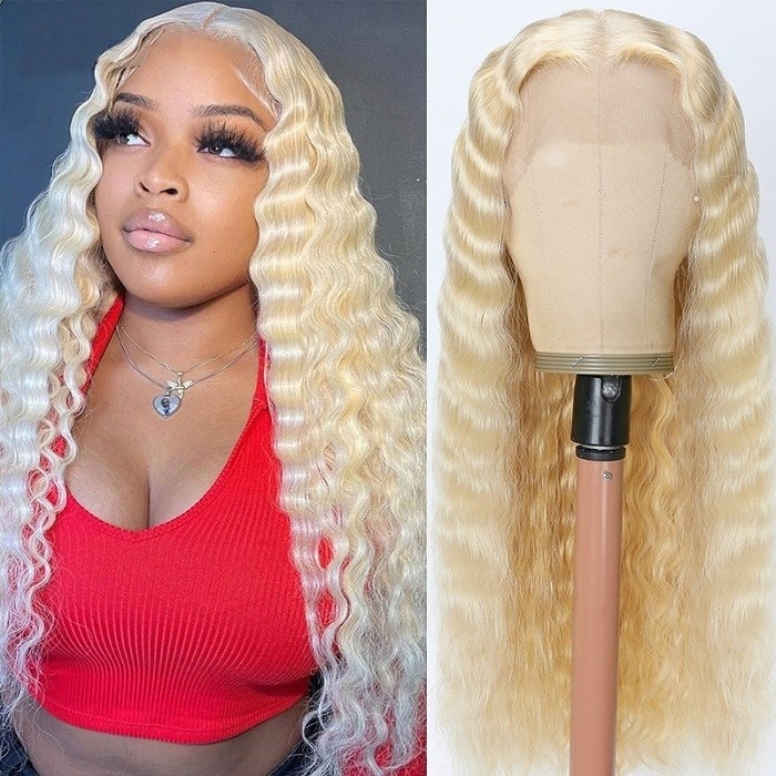 Kriyya Blonde 13X4 Lace Front Deep Wave Humna Hair Wig Pre-plucked Hairline With Natural Baby Hair 150% Density