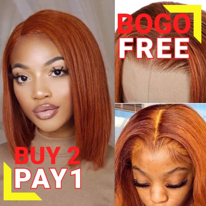 Kriyya Blunt Cut Bob 13x4 Lace Frontal Wig Rich Copper Melt With Brown Colored Straight Human Hair