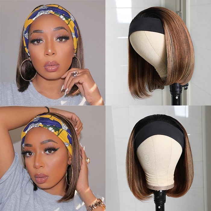 Kriyya Bob HeadBand Wigs 150% Density Ombre Brown Highlight 1BTL412 Color Glueless Human Hair Wigs