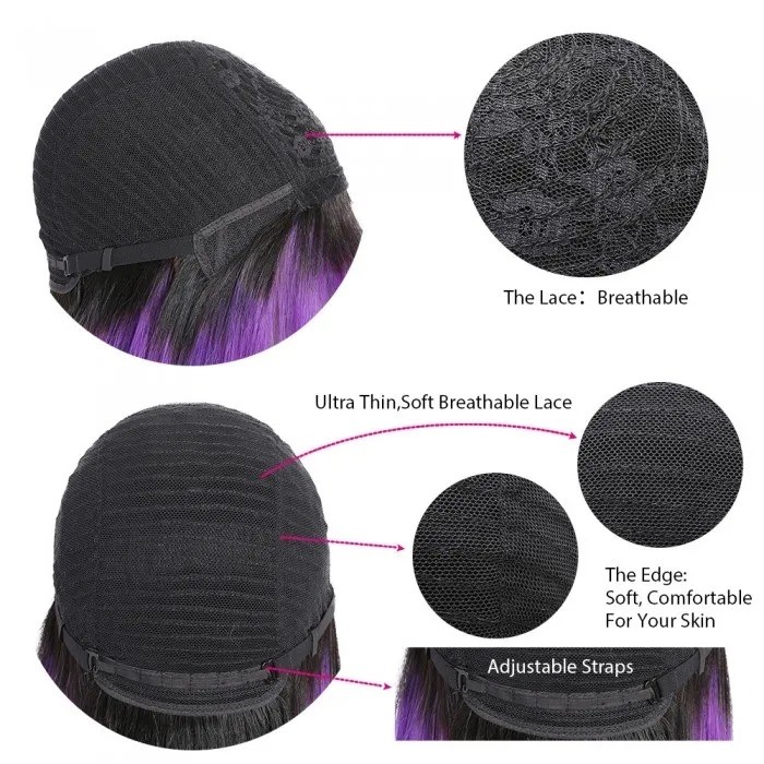 Kriyya Bob Wigs With Bangs Capless Wig Purple Ombre Glueless Human Hair Wig