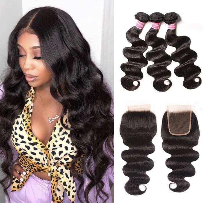 Kriyya Body Wave 100% Human Hair 3 Bundles With 4*4 Transparent Lace Closure