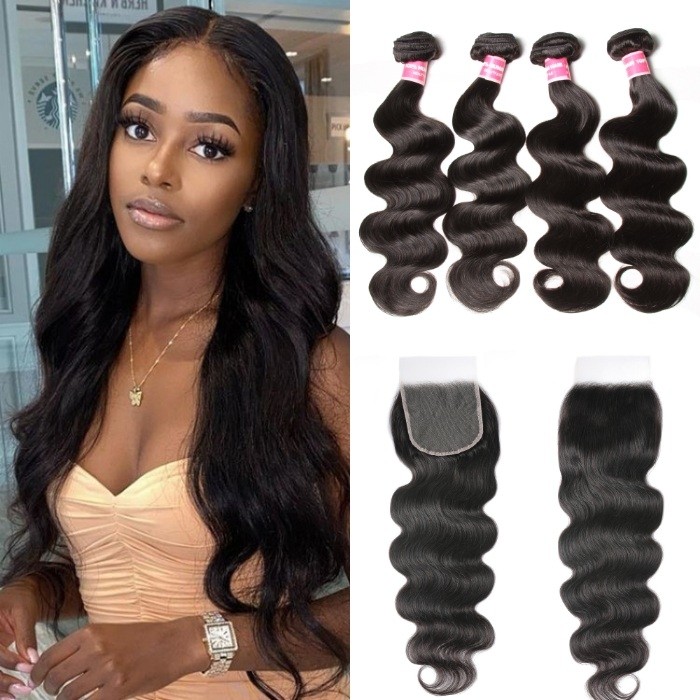 Kriyya Body Wave Human Hair 4 Bundles With 5x5 HD Lace Closure Free Part 100% Transparent Lace Closure