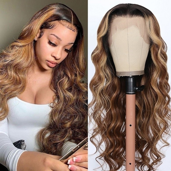 Kriyya 13X4 Ombre Brown Blonde Highlight Human Hair Lace Front Wig Loose Wave Wig 150% Density