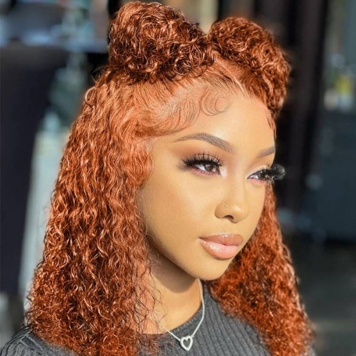 Kriyya Trendy Honey Orange Colored Water Wave Virgin Hair Wig 13x5 T-Part Middle Lace Pre-Plucked Hairline