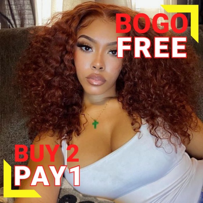 Kriyya Chic Auburn Color Middle T Part Curly Lace Front Wig with Natural Hairline