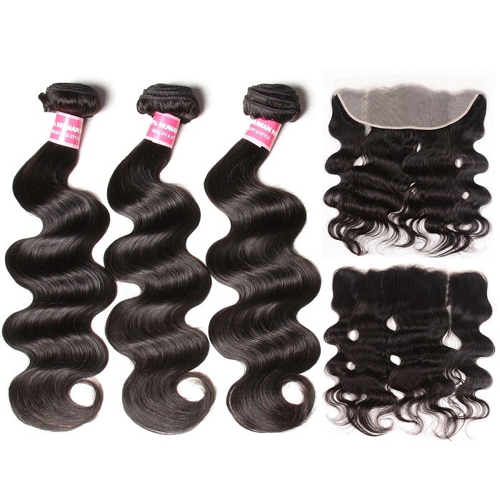 Kriyya Body Wave 100% Virgin Human Hair 3 Bundles With Lace Frontal 13*6 Inch