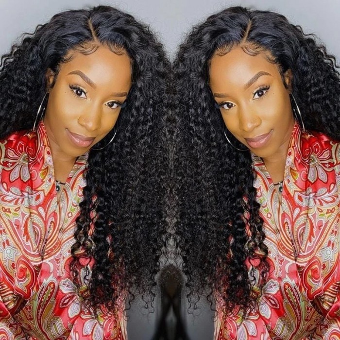 Kriyya Sassy Curl Deep Wave 13X4 Lace Front Wig Pre Plucked Virgin Human Hair Wigs With Baby Hair Natural Black Color 150% Density