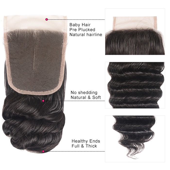 Kriyya Peruvian Loose Wave Hair Weave 4 Bundles With 4x4 Lace Front Closure