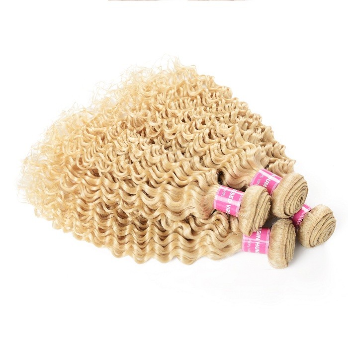 Kriyya Deep Wave Human Hair 613 Color 4 Bundles With 4x4 Lace Closure Indian Hair